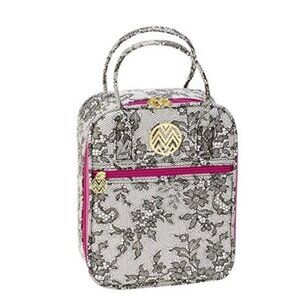 Macbeth Collection White Lace Print Lunch Tote W/ Fuchsia Zipper Accents & Peva